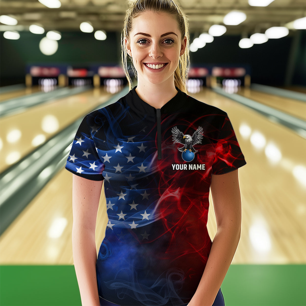 Personalized American Bowling Shirts Men Women Eagle 1/4 Zip Bowling Team Jersey QZT543