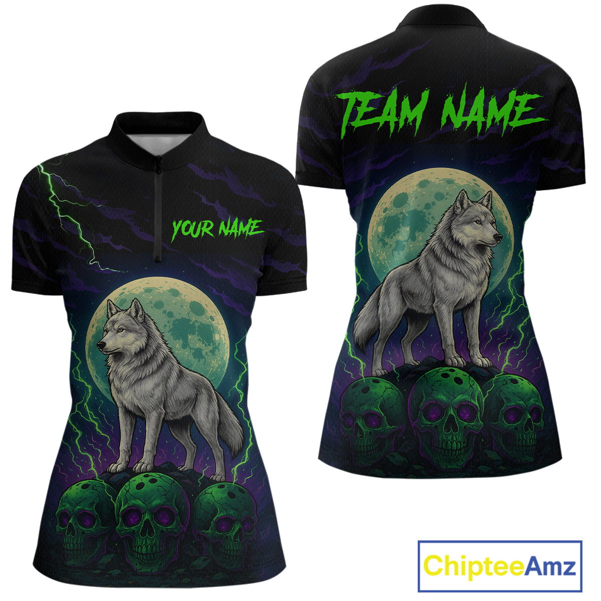 Purple And Green Wolf & Skull Bowling Team Shirt for Women Custom Bowling League Jersey Bowling Unisex QZT732