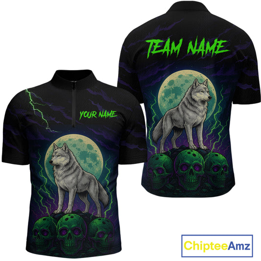 Purple And Green Wolf & Skull Bowling Team Shirt for Men Custom Bowling League Jersey Bowling Unisex QZT732