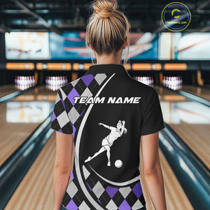 Purple Argyle Pattern Bowling Jersey for Women Custom Polo & 1/4-Zip Bowling Team Shirt Bowling Gift QZT725