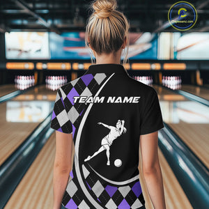 Purple Argyle Pattern Bowling Jersey for Women Custom Polo & 1/4-Zip Bowling Team Shirt Bowling Gift QZT725
