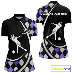 Purple Argyle Pattern Bowling Jersey for Women Custom Polo & 1/4-Zip Bowling Team Shirt Bowling Gift QZT725