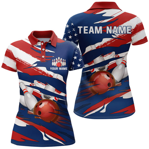 American Flag Bowling Polo Shirt Custom Bowling Jersey for Women Bowling Team League QZT93