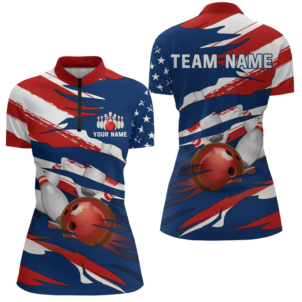 American Flag Bowling Quarter-Zip Shirt Custom Bowling Jersey for Women Bowling Team League QZT93