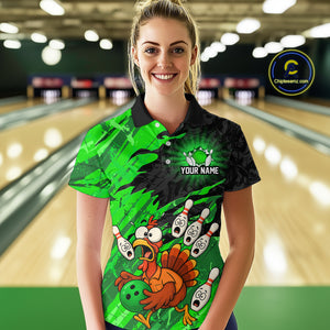 Custom Green Turkey Bowling Shirt Funny Ball Pin League Jersey for Women Polo Outfit QZT765