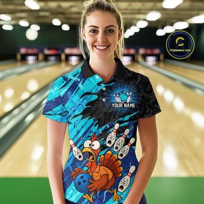 Custom Cyan Turkey Bowling Shirt Funny Ball Pin League Jersey for Women Polo Outfit QZT765