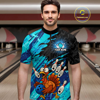 Custom Cyan Turkey Bowling Shirt Funny Ball Pin League Jersey for Men Polo Outfit QZT765