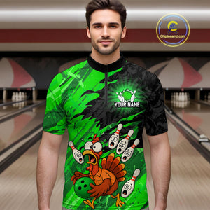 Custom Green Turkey Bowling Shirt Funny Ball Pin League Jersey for Men Polo Outfit QZT765