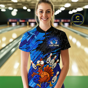 Custom Blue Turkey Bowling Shirt Funny Ball Pin League Jersey for Women Polo Outfit QZT765
