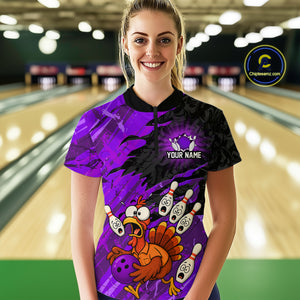 Custom Purple Turkey Bowling Shirt Funny Ball Pin League Jersey for Women Polo Outfit QZT765