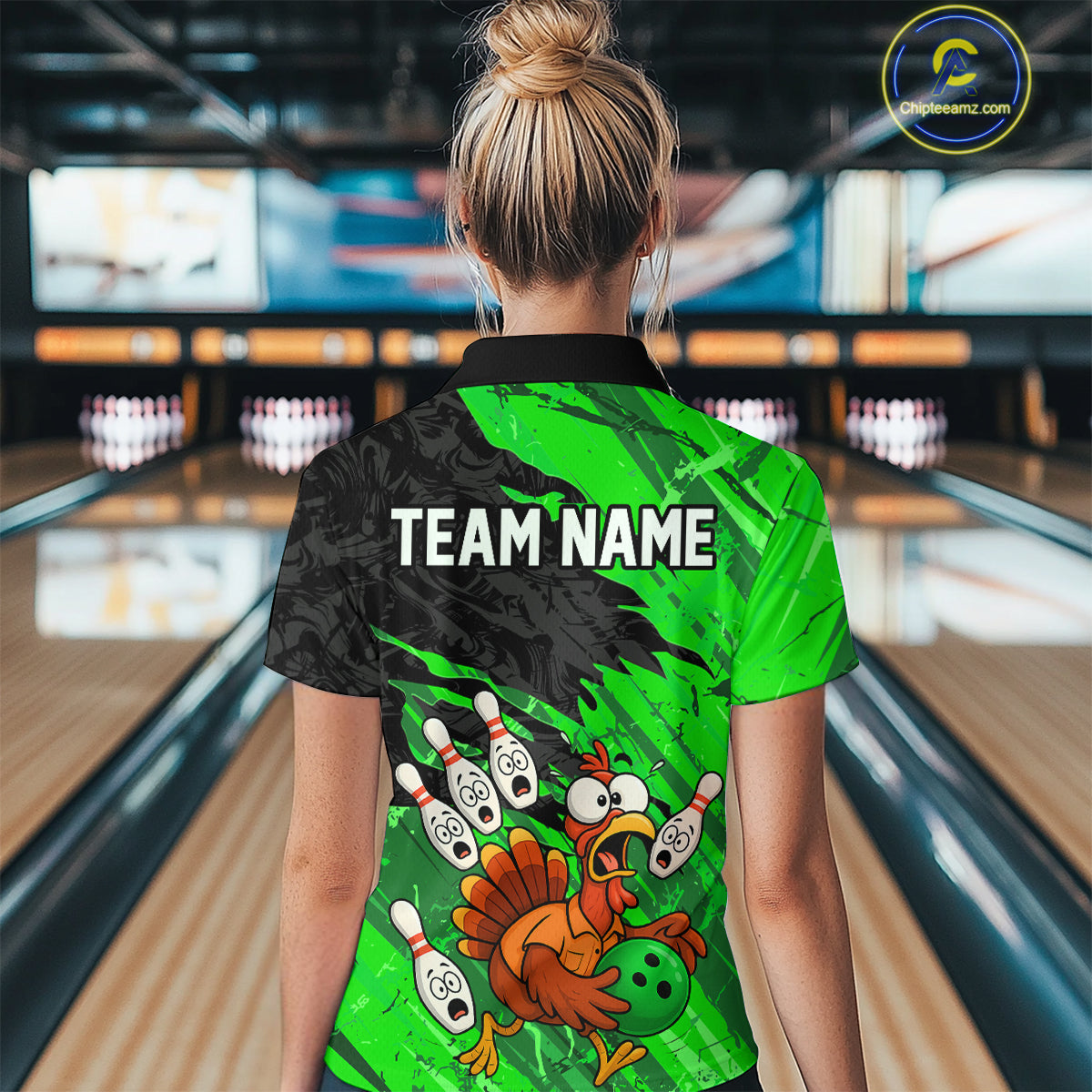 Custom Green Turkey Bowling Shirt Funny Ball Pin League Jersey for Women Polo Outfit QZT765
