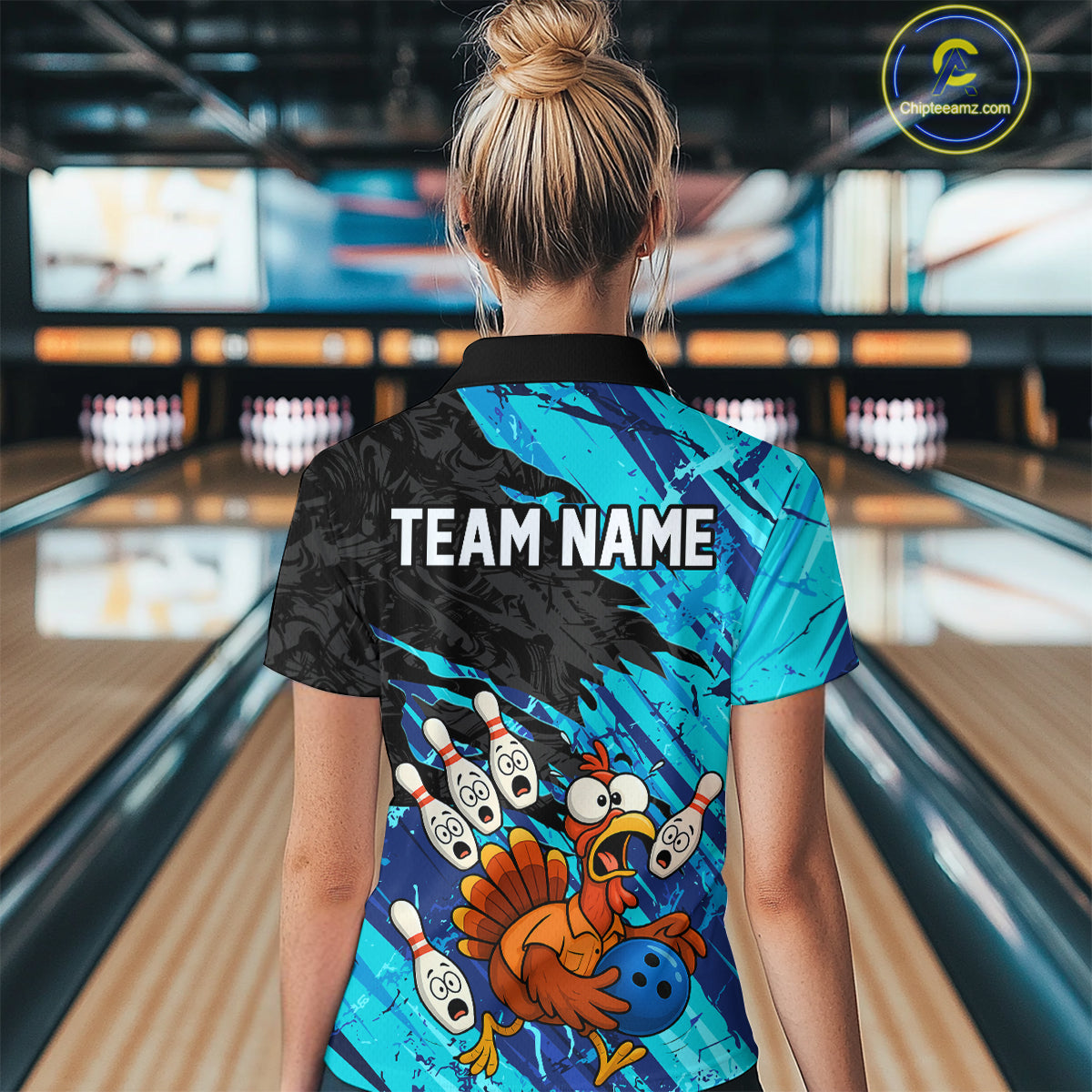 Custom Cyan Turkey Bowling Shirt Funny Ball Pin League Jersey for Women Polo Outfit QZT765
