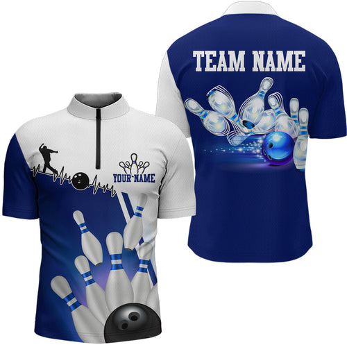 Personalized Bowling Shirts for Men and Women 1/4 Zip Bowling Team Jersey Blue & White QZT599