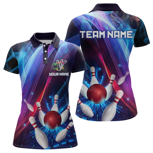 Personalized Galaxy Bowling Pins and Ball Shirt Blue & Purple Neon Polo Bowling Team League QZT664