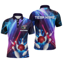 Load image into Gallery viewer, Personalized Galaxy Bowling Pins and Ball Shirt Blue &amp; Purple Neon Polo Bowling Team League QZT664