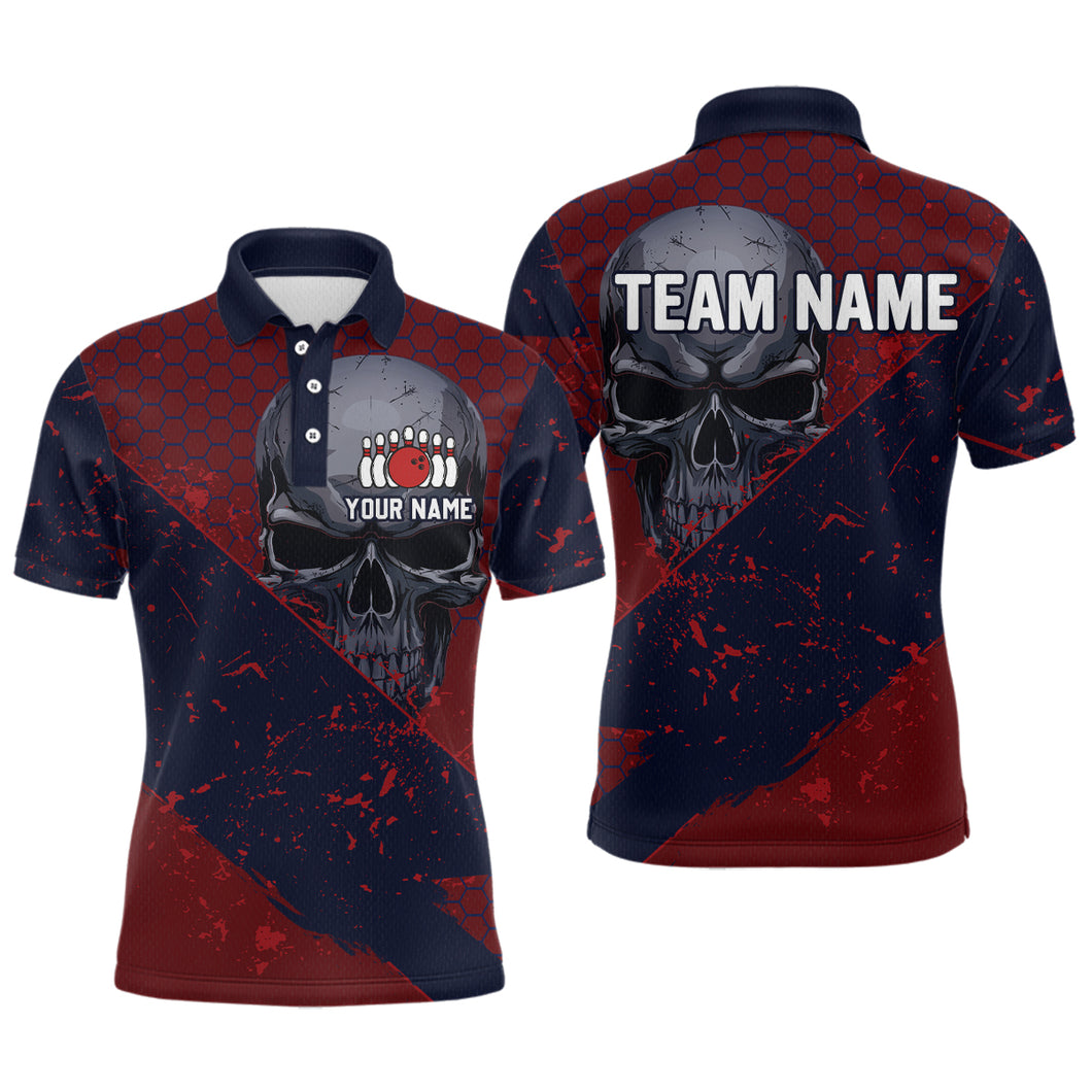 Custom Red & Navy Bowling Polo Shirt for Men and Women Skull Bowling Team League QZT604