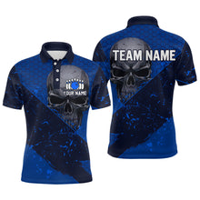 Load image into Gallery viewer, Custom Blue Bowling Polo Shirt for Men and Women Skull Bowling Team League QZT604