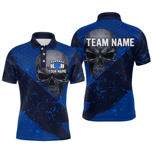 Custom Blue Bowling Polo Shirt for Men and Women Skull Bowling Team League QZT604