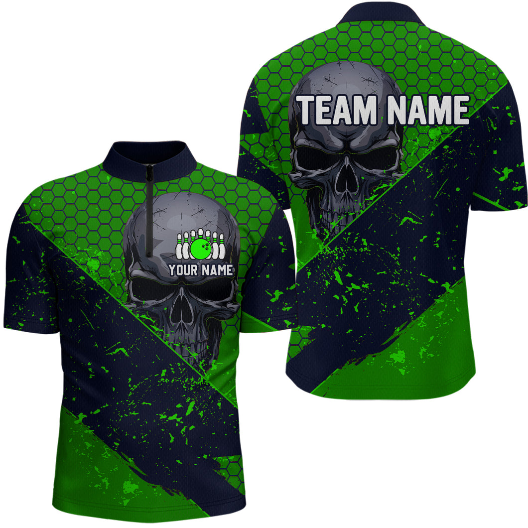 Custom Green Bowling 1/4 Zip Shirt for Men and Women Skull Bowling Team League QZT604