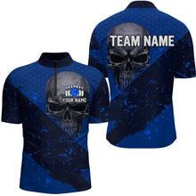 Load image into Gallery viewer, Custom Blue Bowling 1/4 Zip Shirt for Men and Women Skull Bowling Team League QZT604