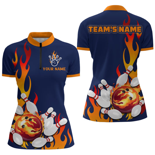 Flame Bowling Shirts Women Custom Bowling Team Jersey Quarter Zip Uniform QZT460