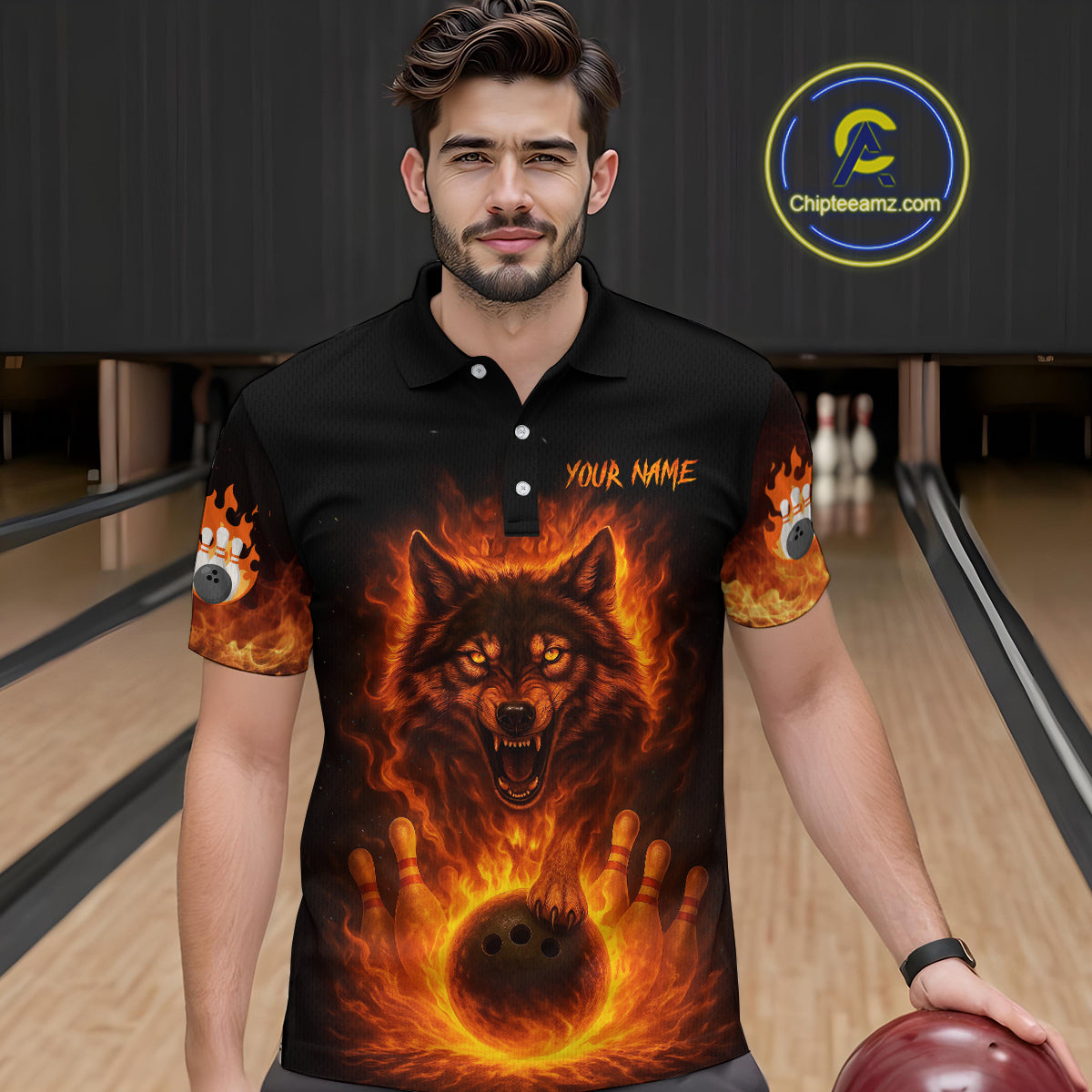 Orange Flame Wolf Bowling Shirt for Men Custom Bowling Jersey League Polo & Quarter-Zip QZT741