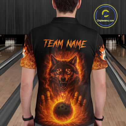 Orange Flame Wolf Bowling Shirt for Men Custom Bowling Jersey League Polo & Quarter-Zip QZT741