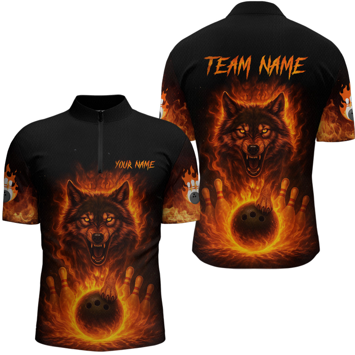Orange Flame Wolf Bowling Shirt for Men Custom Bowling Jersey League Polo & Quarter-Zip QZT741