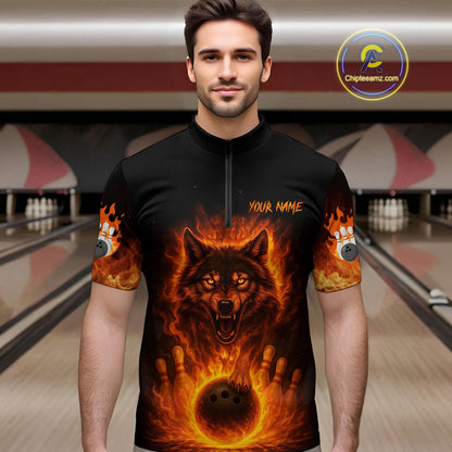 Orange Flame Wolf Bowling Shirt for Men Custom Bowling Jersey League Polo & Quarter-Zip QZT741