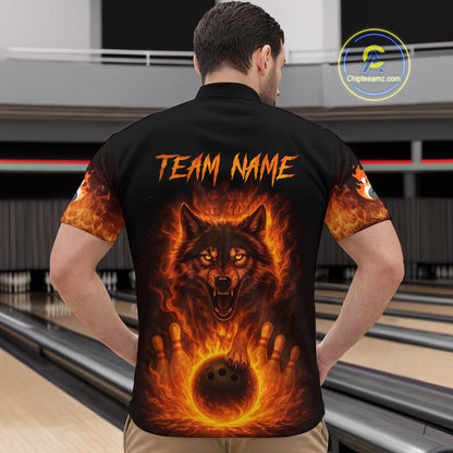 Orange Flame Wolf Bowling Shirt for Men Custom Bowling Jersey League Polo & Quarter-Zip QZT741