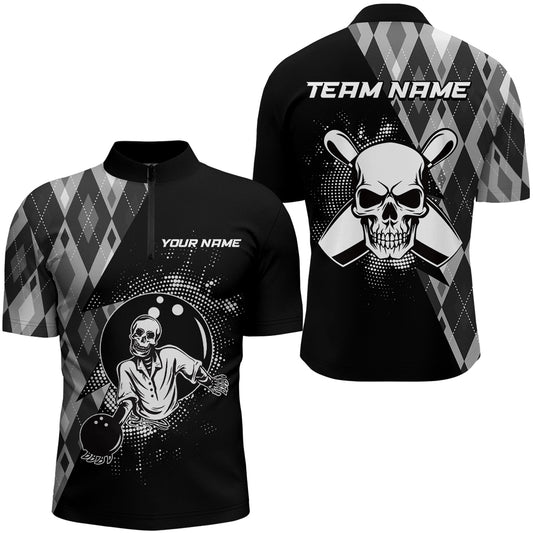 Personalized Bowling Shirts Black Men Skull Bowling Team League 1/4 Zip Shirt Uniform QZT422