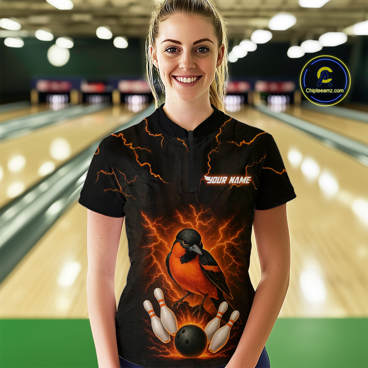 Custom Thunder Lightning Orioles Bowling Shirt Polo & Quarter-Zip Bowling Jersey for Women QZT716