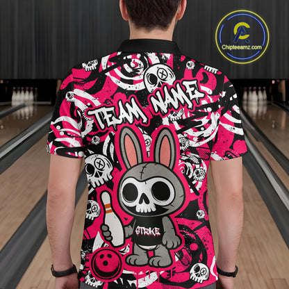 Custom Pink Skull Bunny Bowling Shirt Gothic Men Bowling League Polo Bowling Halloween QZT747