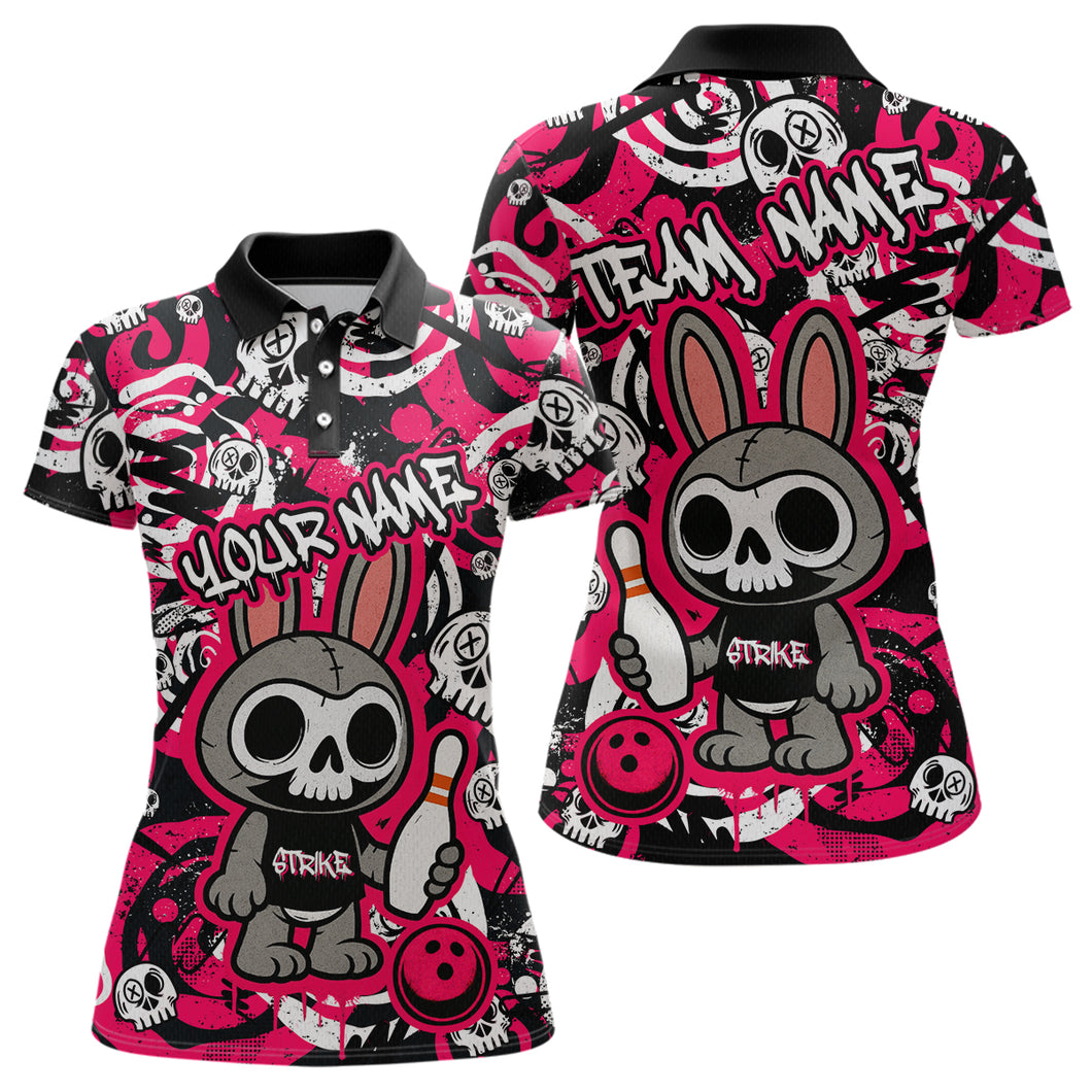 Custom Pink Skull Bunny Bowling Shirt Gothic Women Bowling Team League Polo & 1/4-Zip Bowling Unisex Halloween QZT747