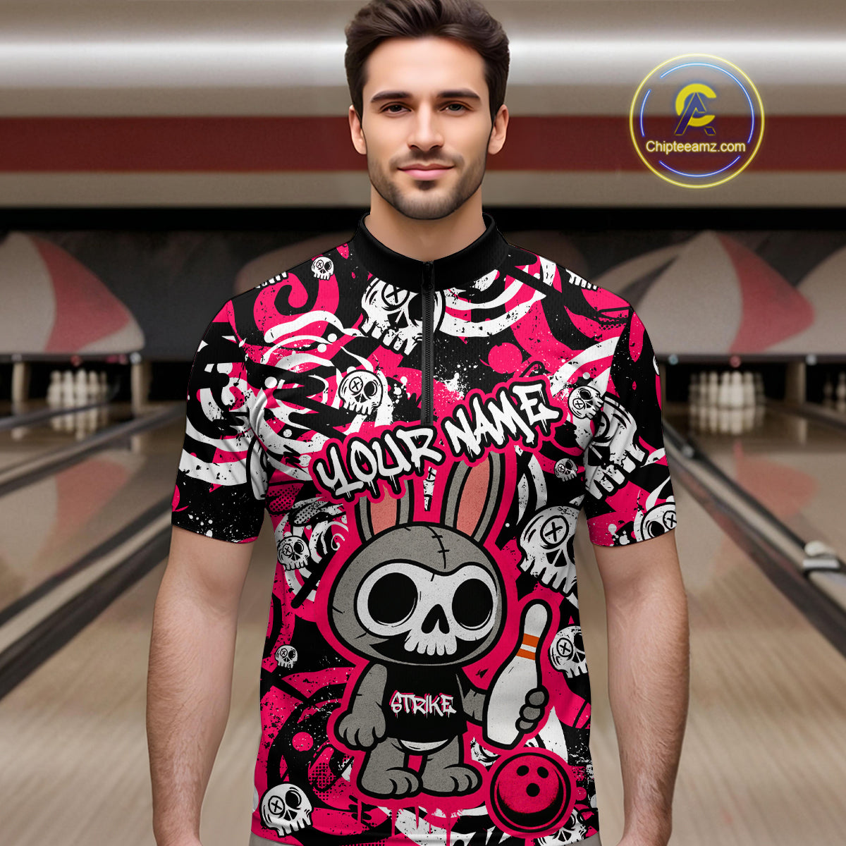 Custom Pink Skull Bunny Bowling Shirt Gothic Men Bowling League Polo Bowling Halloween QZT747