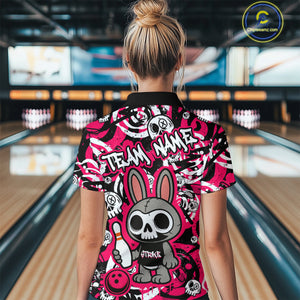 Custom Pink Skull Bunny Bowling Shirt Gothic Women Bowling Team League Polo & 1/4-Zip Bowling Unisex Halloween QZT747
