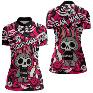 Custom Pink Skull Bunny Bowling Shirt Gothic Women Bowling Team League Polo & 1/4-Zip Bowling Unisex Halloween QZT747