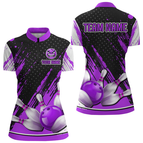 Personalized 1/4 Zip Bowling Shirts for Women Funny Purple Bowling Team Jersey QZT512