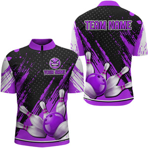 Personalized 3D Quarter Zip Bowling Shirts for Men Funny Purple Bowling Team Jersey QZT512