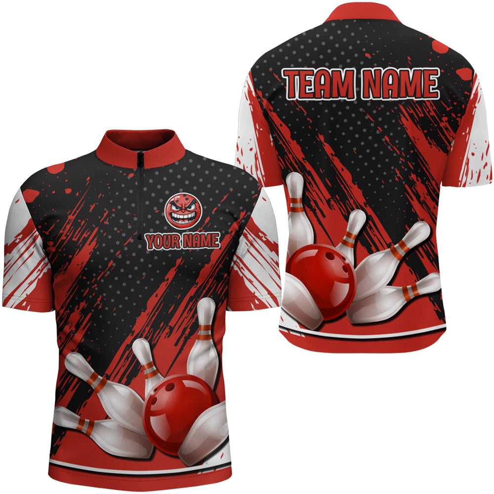 Personalized 3D Quarter Zip Bowling Shirts for Men Funny Red Bowling Team Jersey  QZT512