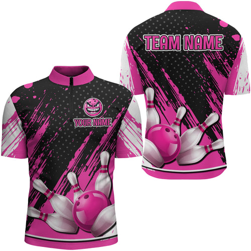 Personalized 3D Quarter Zip Bowling Shirts for Men Funny Pink Bowling Team Jersey QZT512