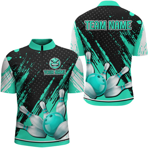 Personalized 1/4 Zip Bowling Shirts for Men Funny Turquoise Bowling Team Jersey QZT512