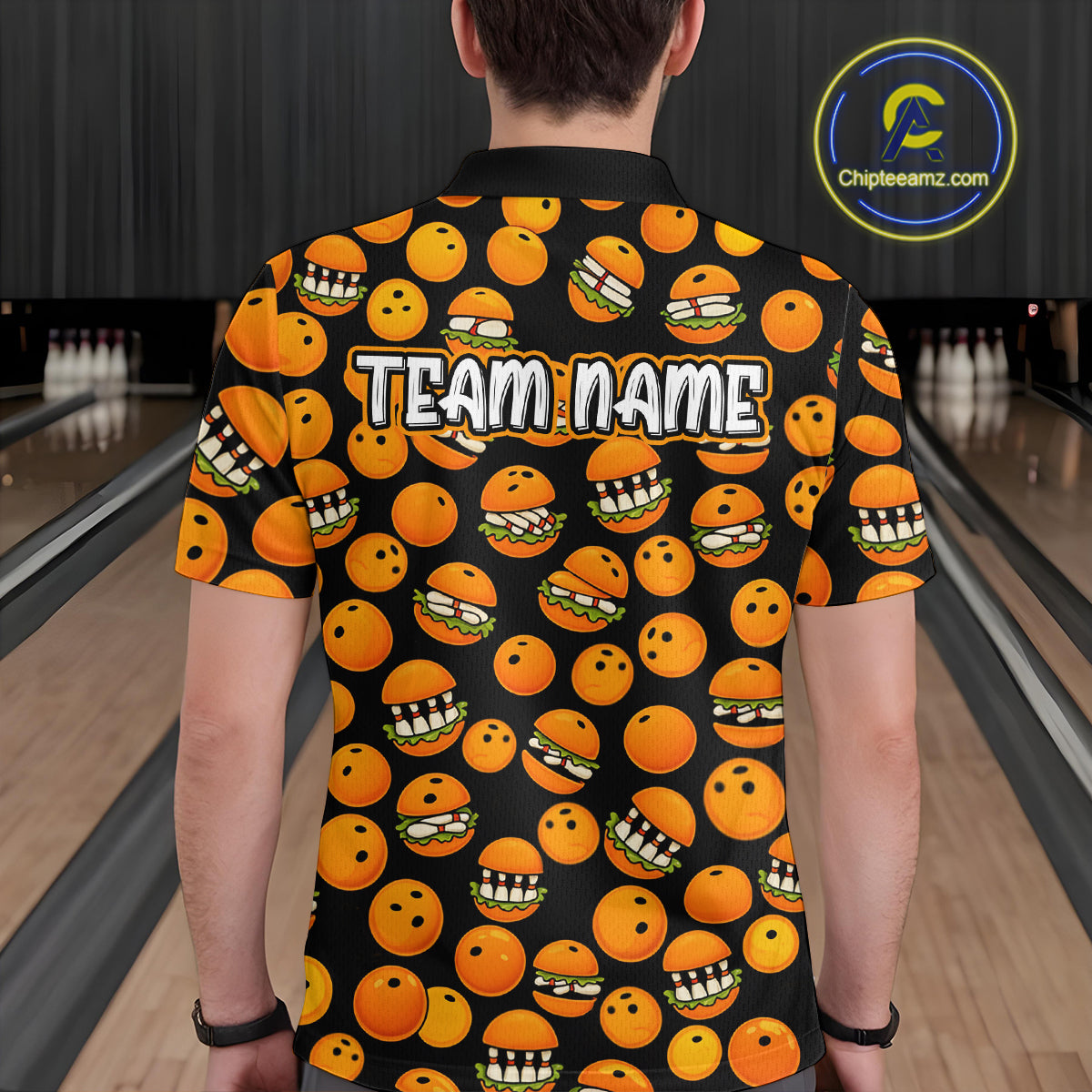 Funny Orange Hamburger Bowling Shirt  for Men Food Bowling Team League Polo & 1/4 Zip Bowling Jersey QZT724