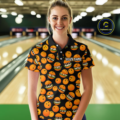 Funny Orange Hamburger Bowling Shirt  for Women Food Bowling Team League Polo & 1/4 Zip Bowling Jersey QZT724