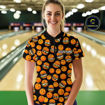 Funny Orange Hamburger Bowling Shirt  for Women Food Bowling Team League Polo & 1/4 Zip Bowling Jersey QZT724