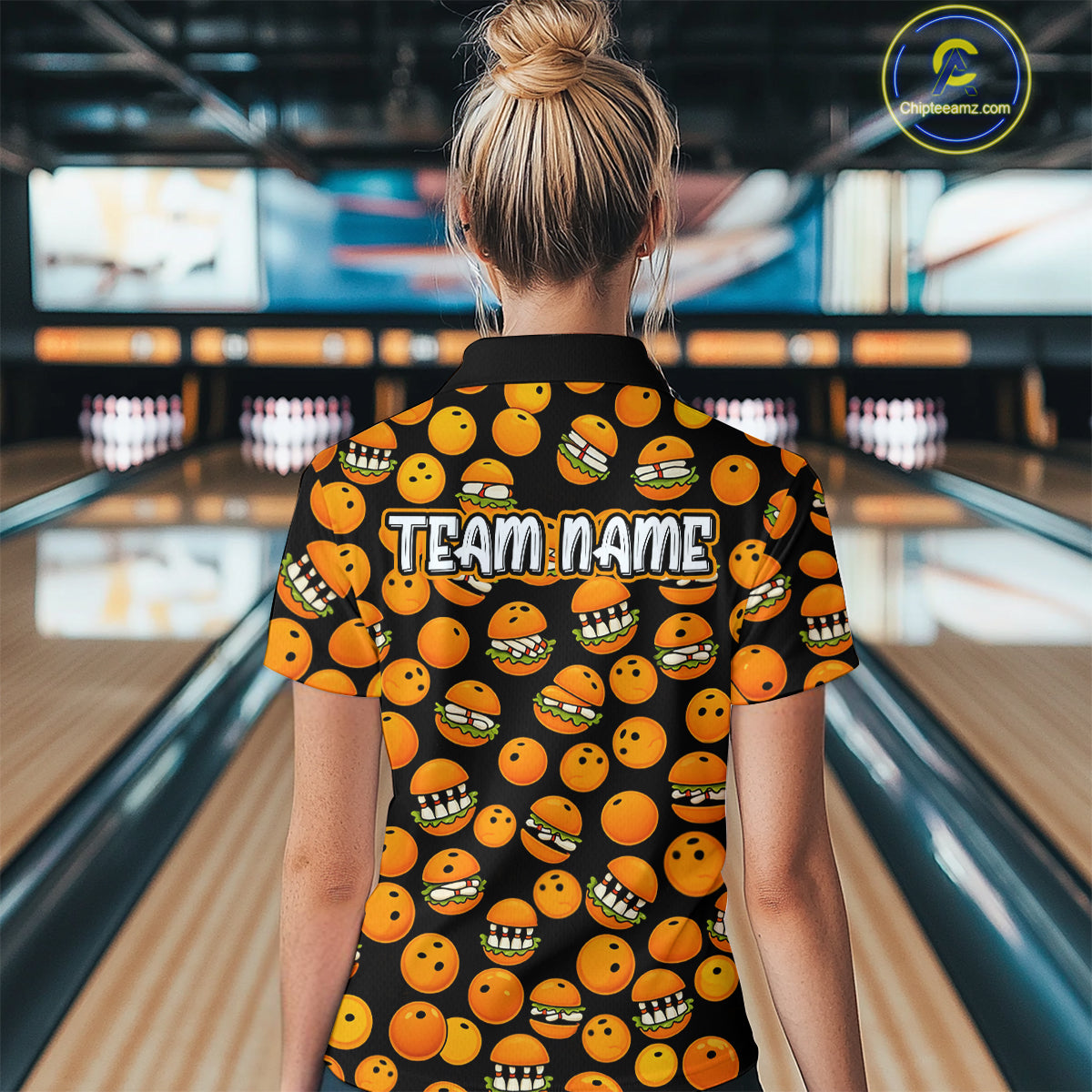 Funny Orange Hamburger Bowling Shirt  for Women Food Bowling Team League Polo & 1/4 Zip Bowling Jersey QZT724