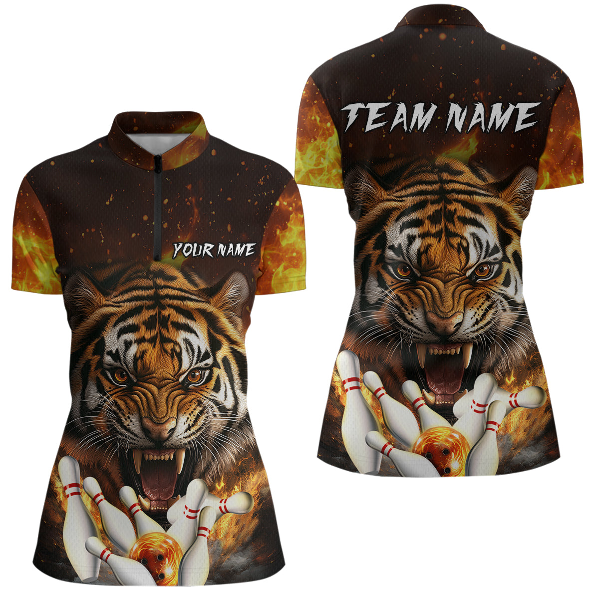 Flames Bowling Shirts Tiger Bowling Jersey Quarter-Zip Bowling Team League QZT634