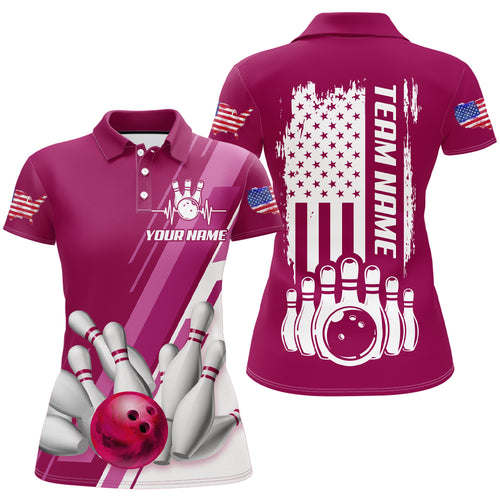 Women's Bowling Shirt Pink Polo Bowling Shirt Personalized Patriotic Bowling Shirt QZT281