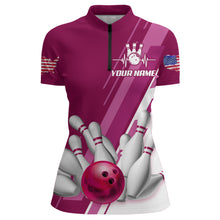 Load image into Gallery viewer, Women&#39;s Bowling Shirt Pink 1/4-Zip Bowling Shirt Patriotic Bowling Shirt QZT281