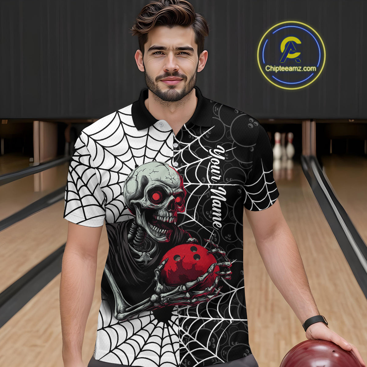 Black and White Skull Bowling Team Shirt Custom Spider Bowling Jersey Men Halloween Bowling Outfit QZT748